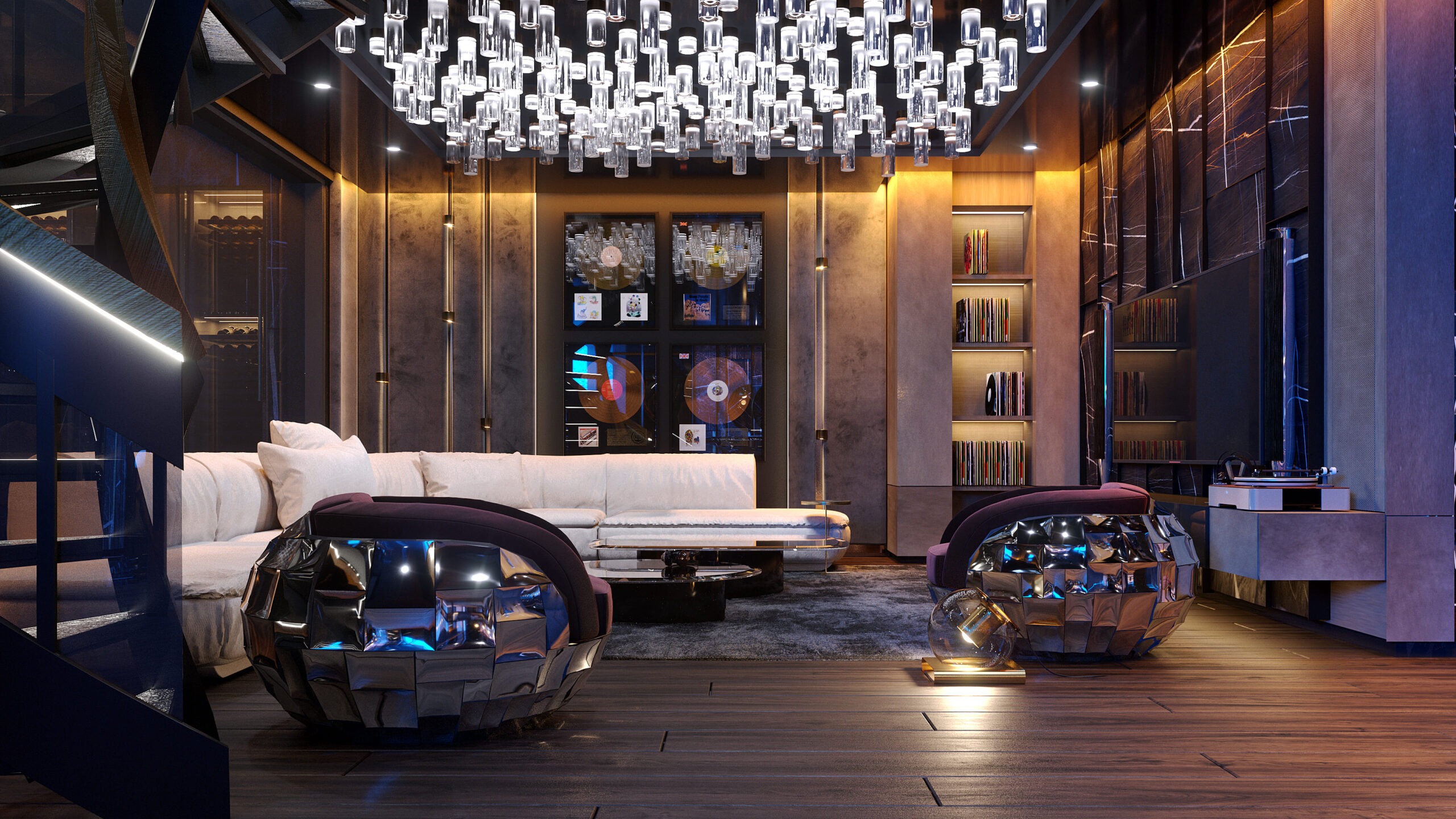 Luxury basement design featuring a lounge area, wine display, sculptural staircase, and custom lighting in a modern high-end residence.