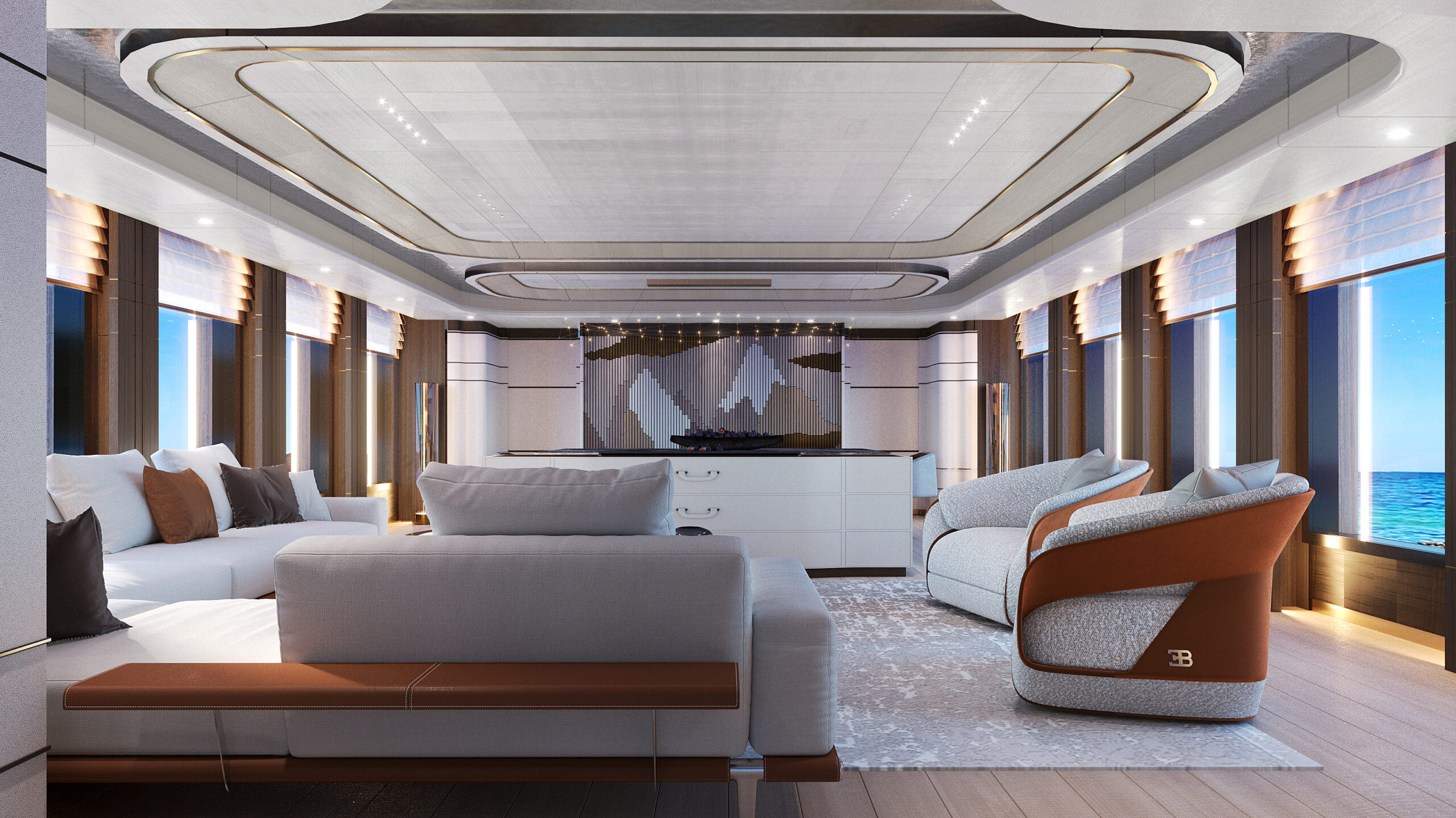Complete superyacht refit transformation revealing a bright, minimalist saloon with premium furniture and optimized spatial flow.