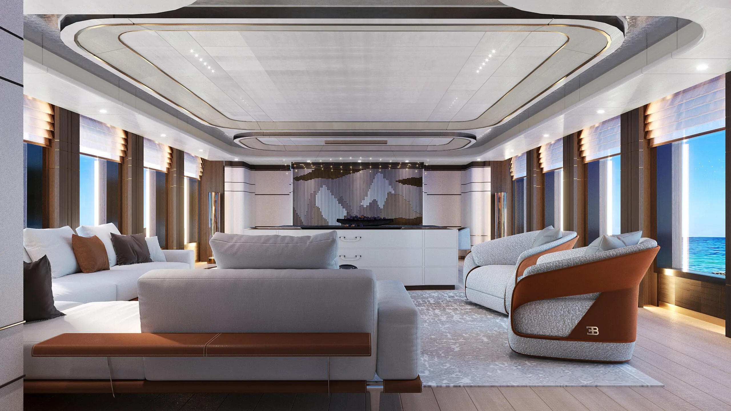 Complete superyacht refit transformation revealing a bright, minimalist saloon with premium furniture and optimized spatial flow.