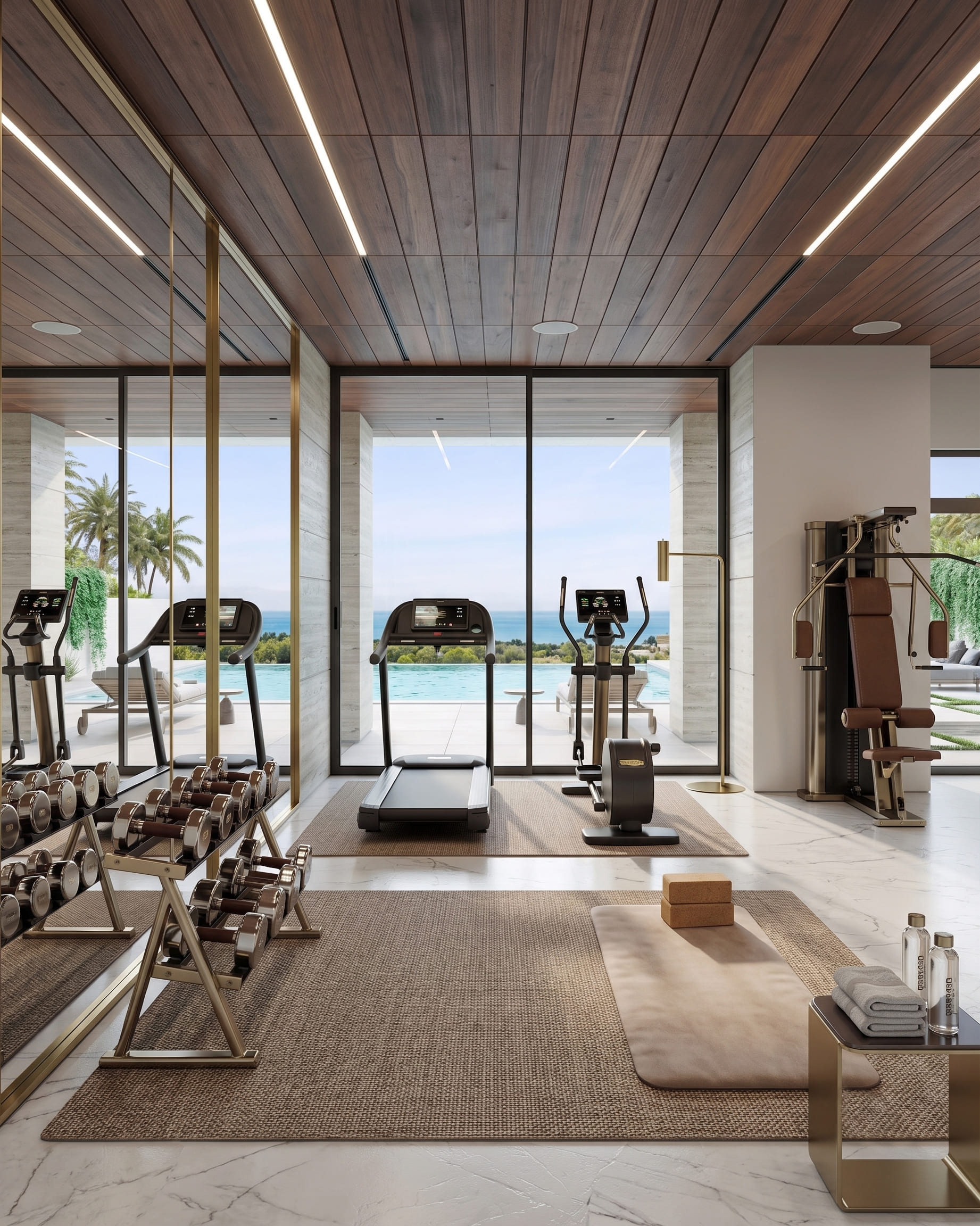 Luxury home gym design with panoramic ocean views, cardio equipment and free weights